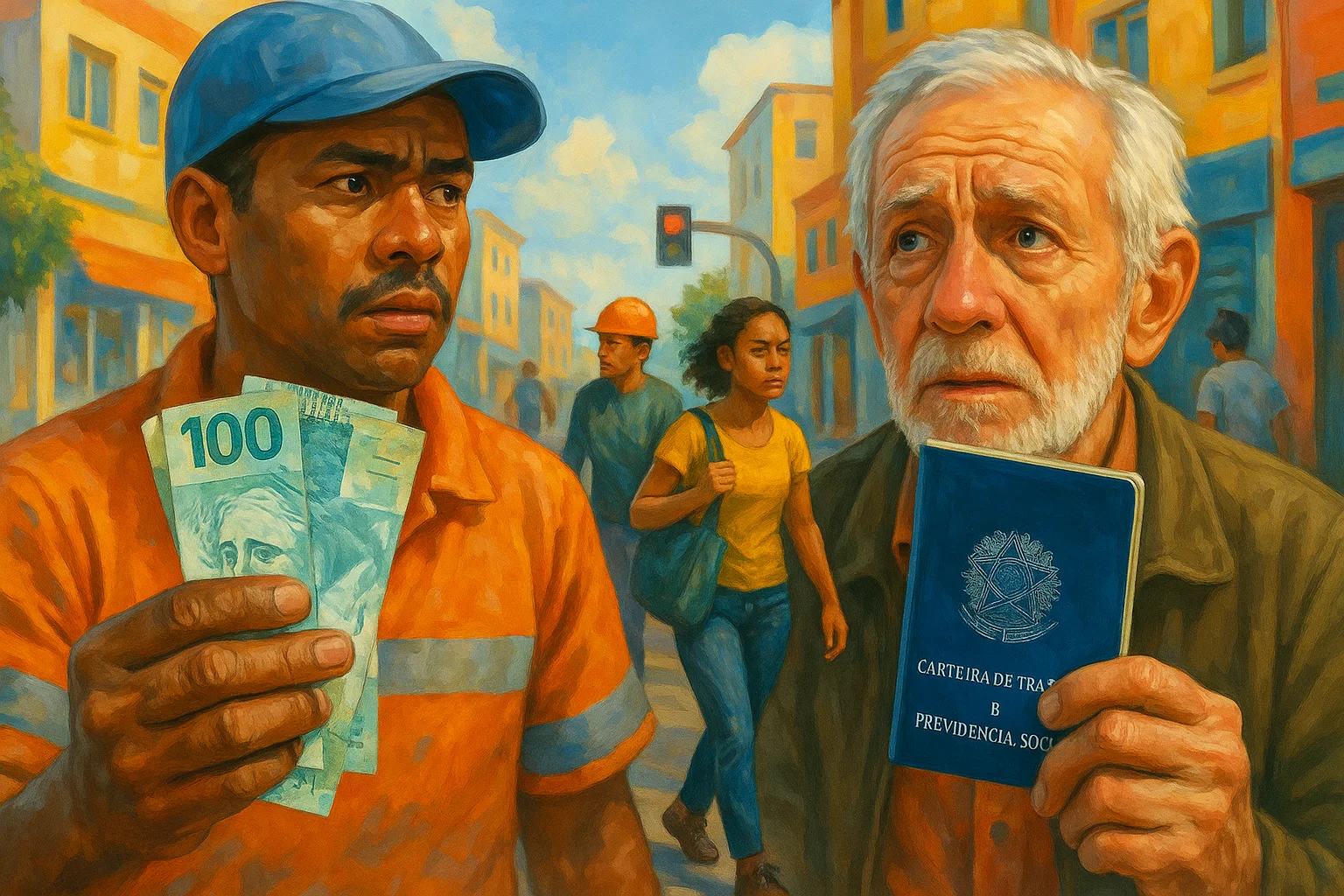 Cena de trabalhadores urbanos e aposentados segurando dinheiro e carteira de trabalho, simbolizando o impacto do rascunho automático do salário mínimo 2026