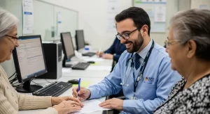 Atendente do INSS ajudando idoso a preencher formulários no escritório com ambiente acolhedor