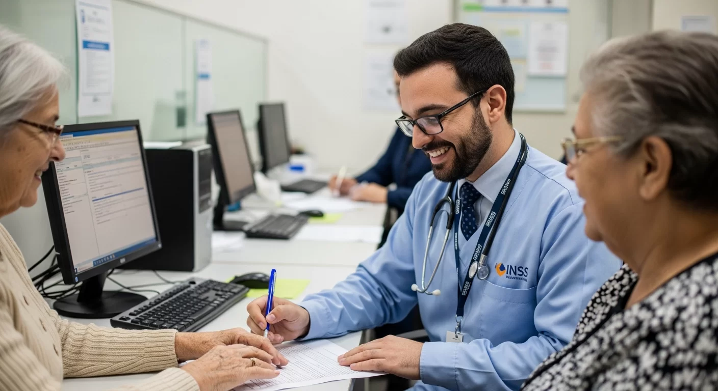 Atendente do INSS ajudando idoso a preencher formulários no escritório com ambiente acolhedor