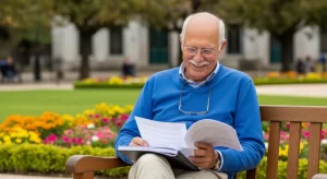 Idoso confiante lendo documentos de aposentadoria em uma praça ao entardecer com símbolos financeiros ao redor