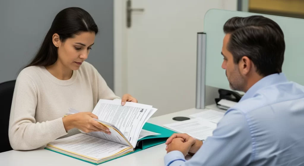Pessoa segurando documentos na mesa com agência do INSS ao fundo, destacando descomplique inss guia completo