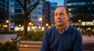 Imagem de trabalhador de meia-idade pensativo sobre aposentadoria tempo contribuição regras, em praça urbana ao entardecer