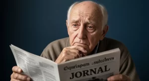 Imagem de um idoso triste segurando um jornal, representando os requisitos do LOAS BPC para idosos