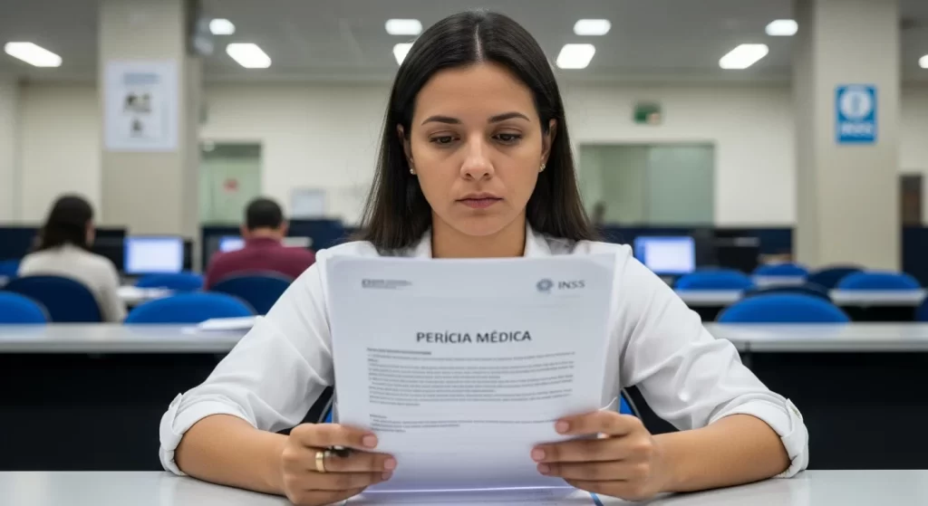 Pessoa em perícia médica no INSS, sala de espera com documentos e computadores, tema auxílio doença acidente
