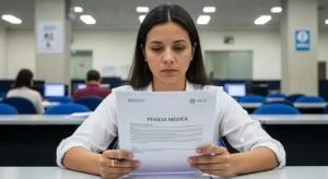 Pessoa em perícia médica no INSS, sala de espera com documentos e computadores, tema auxílio doença acidente