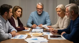 Família discutindo documentos em torno da mesa, abordando o inventário mais que documentos com diálogo e atenção