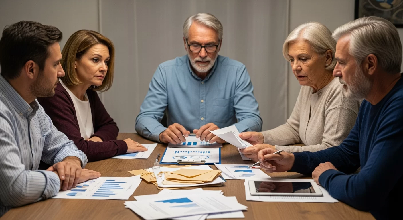 Família discutindo documentos em torno da mesa, abordando o inventário mais que documentos com diálogo e atenção