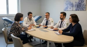 Cena de avaliação biopsicossocial com equipe multiprofissional analisando exames sobre fibromialgia é deficiência 2025 em ambiente acolhedor