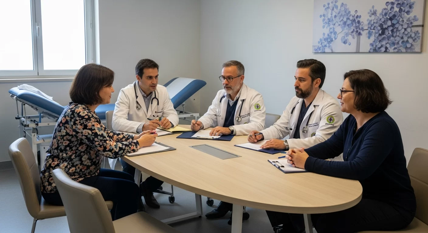 Cena de avaliação biopsicossocial com equipe multiprofissional analisando exames sobre fibromialgia é deficiência 2025 em ambiente acolhedor